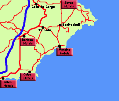 Hotels map around Moraira, Spain