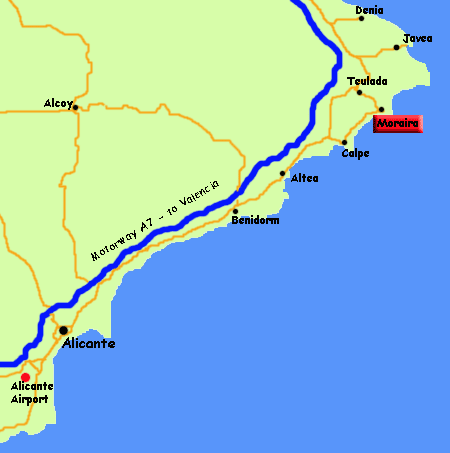 Map from Alicante Airport to Moraira